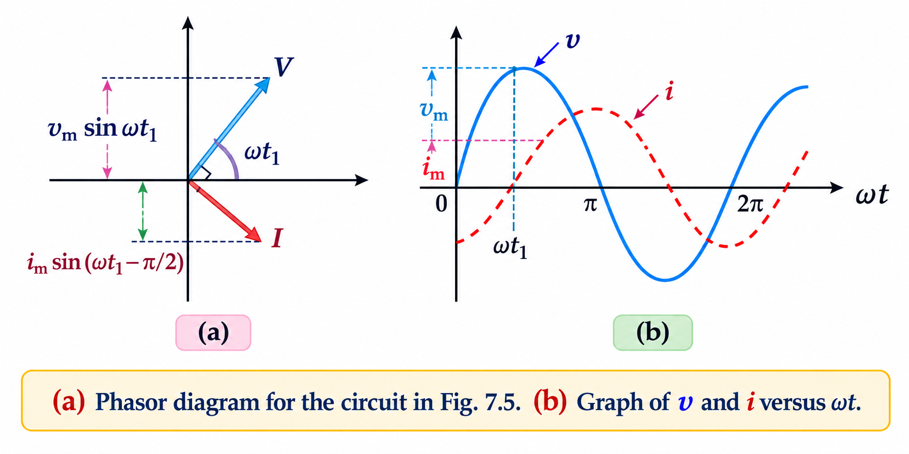 Phasor Diagram and AC Waveforms for Pure Inductor